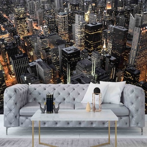 Night city removable wallpaper Night city view Self-adhesive Large Wallpaper Cityscape wall decal Night cityscape skyline wall art decor
