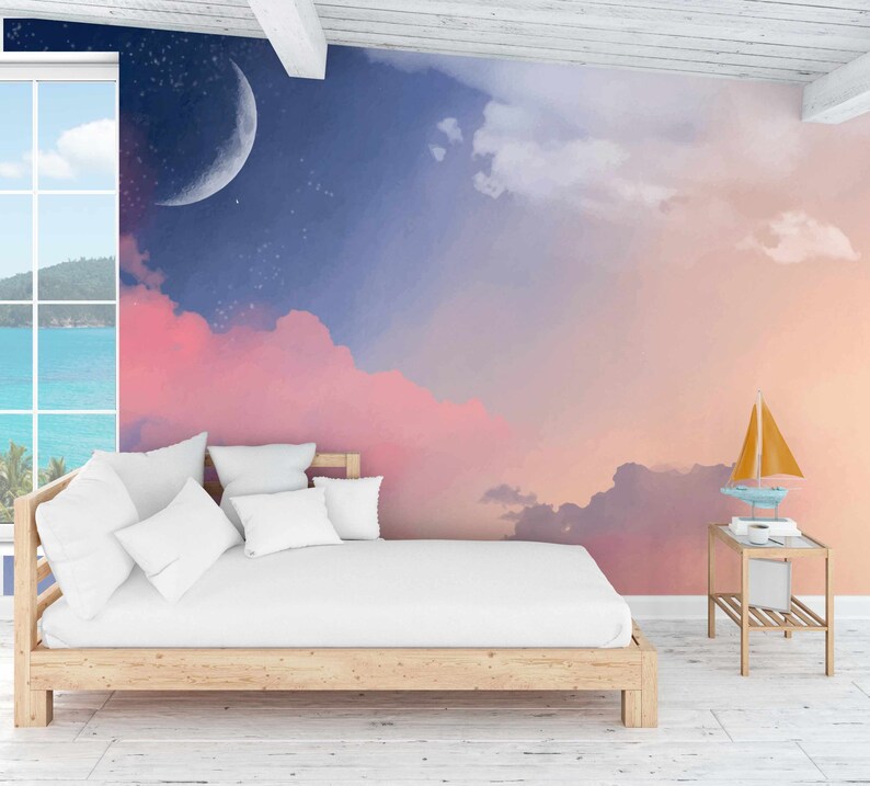 Sky Wall Mural Pastel Pink Clouds Removable Wallpaper Rising Etsy