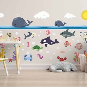 Sea animals wall decal set Whale fish kids stickers Underwater scene wall decals Sea Life creatures nursery wall decals  Ocean Wall Sticker