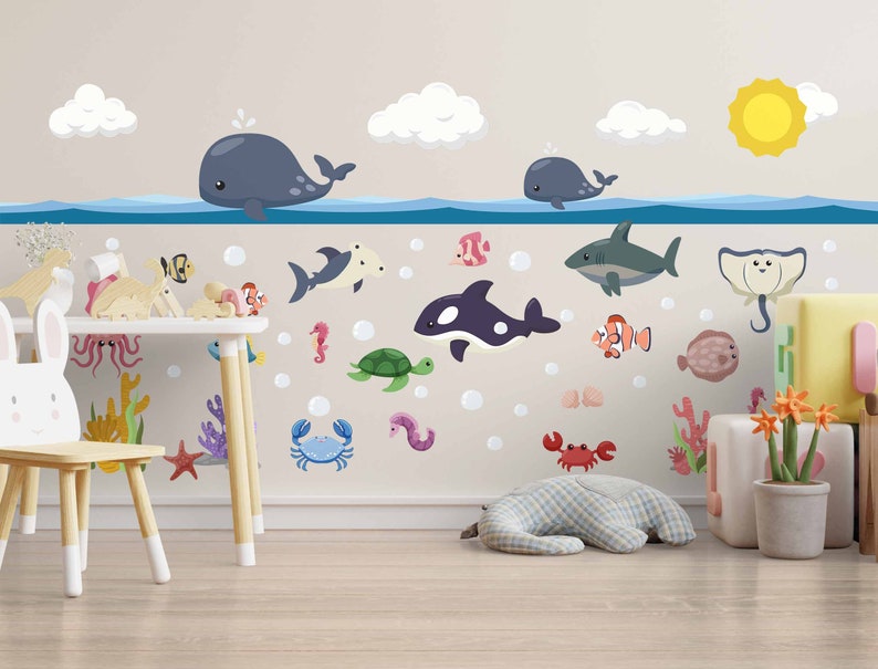Sea Animals Wall Decal Set Whale Fish Kids Stickers Underwater Etsy