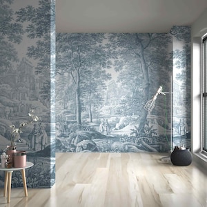 Mural de parede de paisagem azul monocromática, grande árvore, romântico, vitoriano, campo, papel de parede removível ou tradicional, cena da natureza, arte de parede