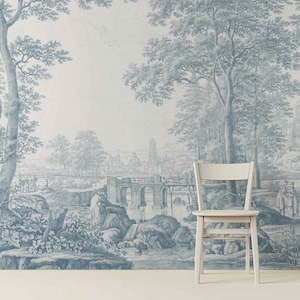 Carta da parati murale con paesaggio blu tenue, carta da parati romantica in stile vittoriano, carta da parati rimovibile o tradizionale, scena naturale con cielo pastello