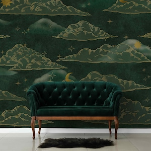Favolose e bellissime nuvole su uno sfondo verde scuro, murale con notte stellata color smeraldo, carta da parati rimovibile, decorazione celeste, muro cosmico