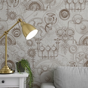 Vintage Steampunk Gear and Mechanism mural Industrial Mechanical Gear Print, Brown and Beige Peel and Stick Wallpaper, Traditional Wallpaper