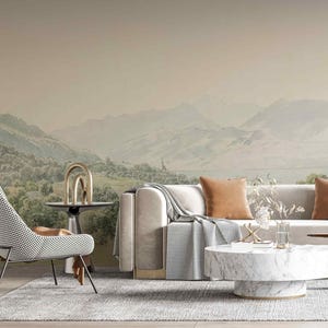Carta da parati con paesaggio estivo, colline, montagne, murale, arte panoramica, murale tradizionale o rimovibile, alberi verdi, cielo azzurro, vista, splendida valle