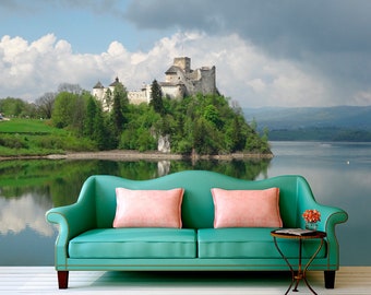 Large wall mural of ancient castle Amazing view on lake Colorful photo of castle interior Paper wall sticker of castle stone Peel and Stick