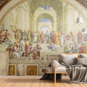 The School of Athens by Raffaello Sanzio da Urbino Renaissance art large wall mural fresco reproduction regular or removable wallpaper