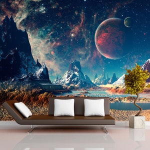 Carta da parati rimovibile fantascientifica Fantastico paesaggio planetario Carta da parati autoadesiva di grandi dimensioni Decorazione murale con foto di fantascienza Pianeti nello spazio