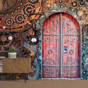 Steampunk door removable wallpaper Colorful photo of gothic room Temporary mural Gears Self-adhesive Large Wallpaper Fairy steampunk door
