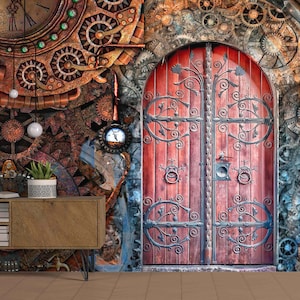 Tapeta na drzwi steampunkowe Kolorowe zdjęcie gotyckiego pokoju Tymczasowy mural Koła zębate Samoprzylepna Duża tapeta Drzwi steampunkowe wróżki