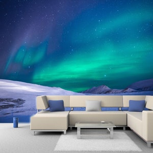 Northern Lights Aurora, Removable Wall Mural Borealis in Norway, Self-adhesive Large Wallpaper, Night Sky Mural, Arctic magical landscape
