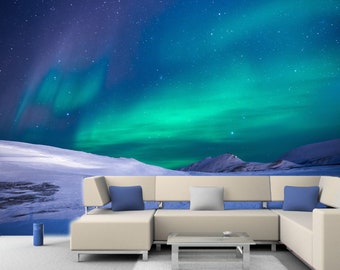 Northern Lights Aurora, Removable Wall Mural Borealis in Norway, Self-adhesive Large Wallpaper, Night Sky Mural, Arctic magical landscape