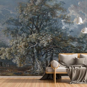 Blau Vintage Rustikale Landschaft Abnehmbare Tapete Retro Wandbild Alter großer Baum Wanddekor Regelmäßige Tapete Ländliche alte Malerei Wandkunst