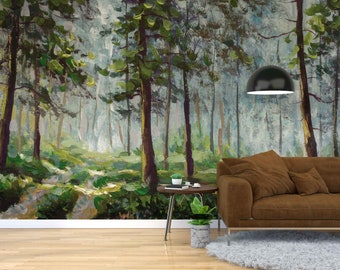 Abnehmbare Tapete eines aquarellfarbenen Waldes Wald-Wandbild Kinderzimmer sonne im Wald Waldfee-Kids-Wandbild