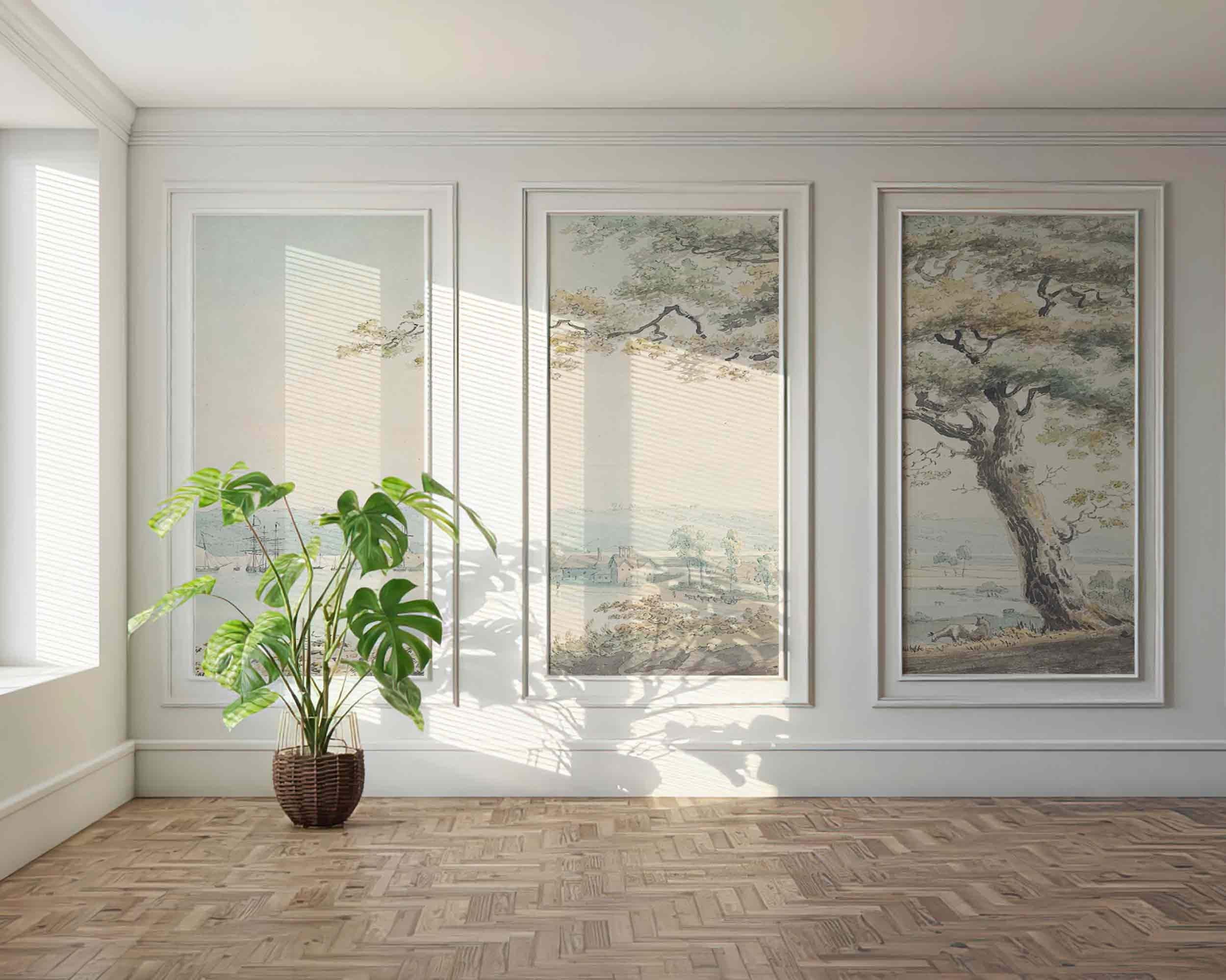 Light Rural landscape Peel and Stick Victorian Style Big tree nature vintage Wallpaper oil painting Mural Rustic Panoramic valley view