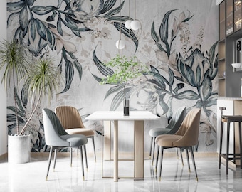 Vintage tropical leaf flower mural Removable self-adhesive Render Retro flowers plants Peel and Stick Wallpaper Bedroom art Rustic Mural