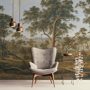 Vintage große Baum Landschaft abnehmbare Tapete, Grüner Wald Wohnzimmer Dekor, Wandbild klassische Malerei Druck Wandkunst
