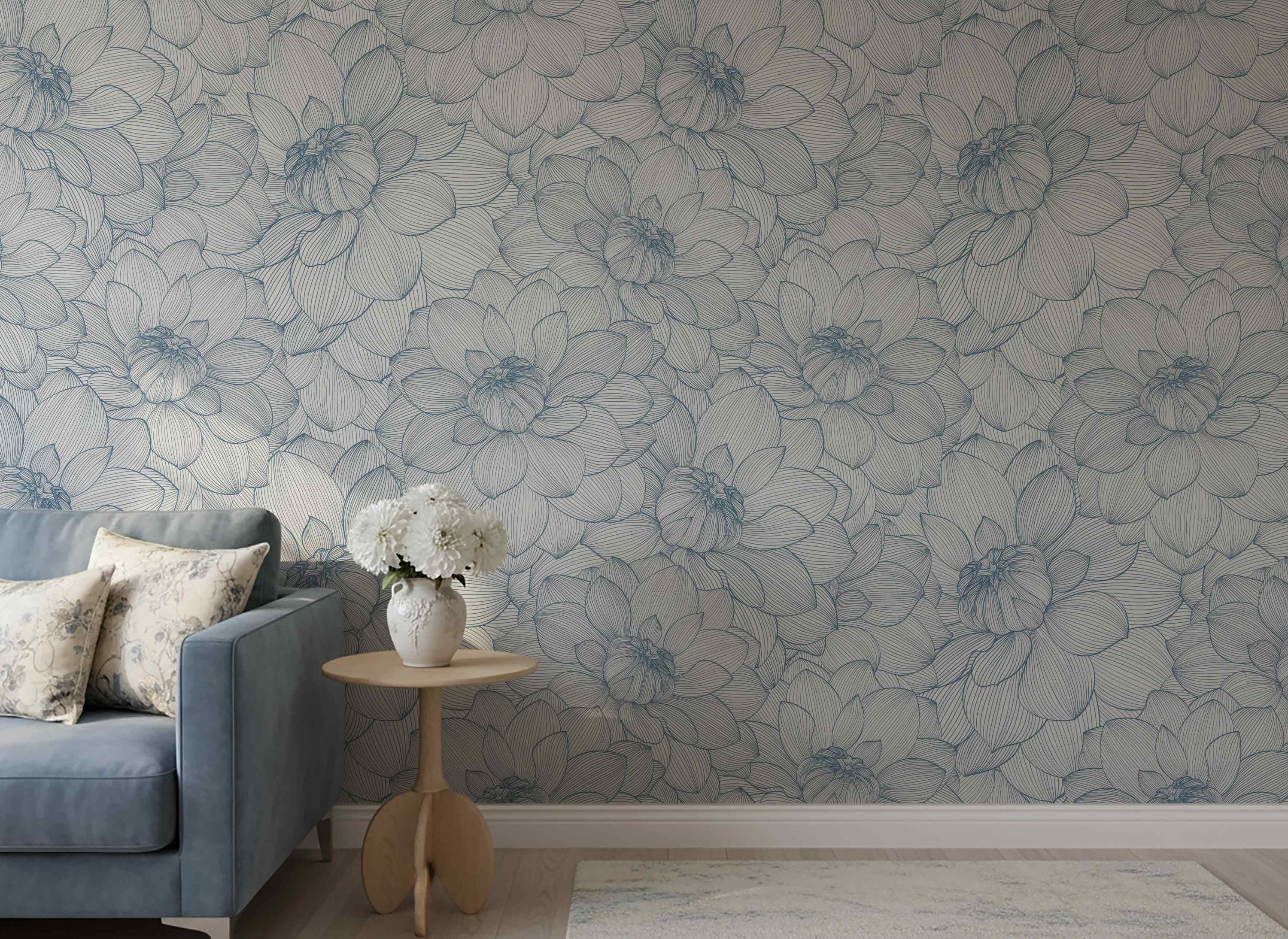 Blue Lotus Line Art Wallpaper, Peel and Stick or Traditional - Etsy