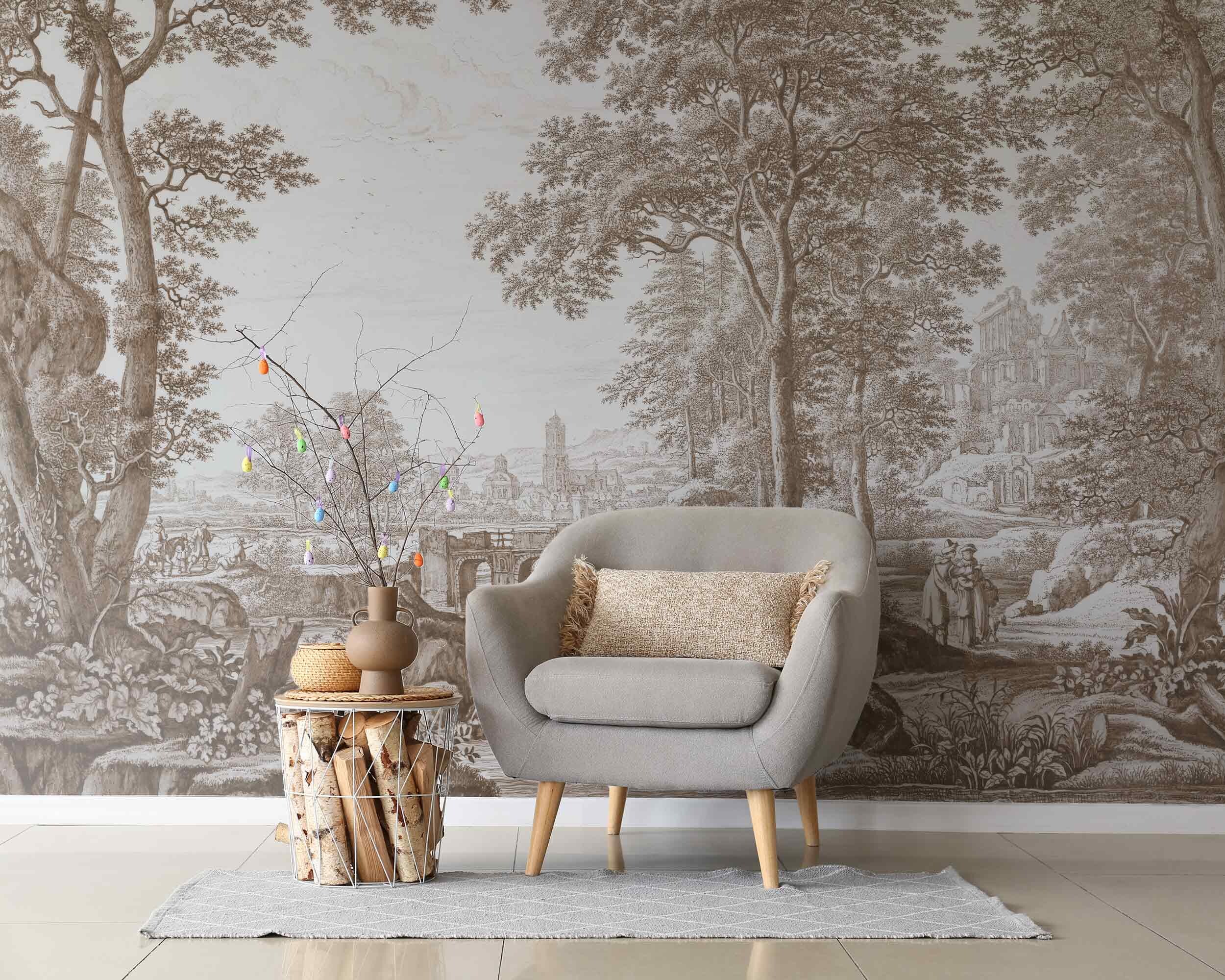 Sepia Vintage Landscape Wall Mural – Antique Forest and Horses