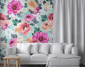 鮮やかなピンクの牡丹の壁画、バラの花、花が咲く取り外し可能な壁紙の装飾、美しい水彩画の花、貼ってはがせるボヘミアン風の壁画