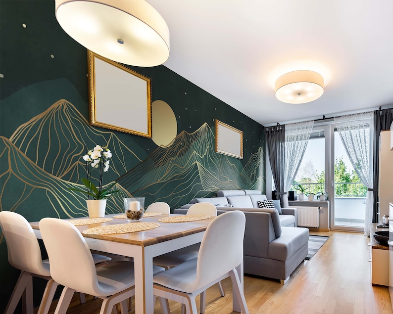 Dark Turquoise and Gold Foggy Mountains Wallpapers Etsy