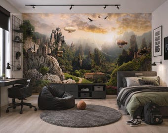 Papel pintado de castillo de fantasía Paisaje de ensueño Dirigibles Mural de pared Steampunk Mural panorámico de montaña de cuento de hadas