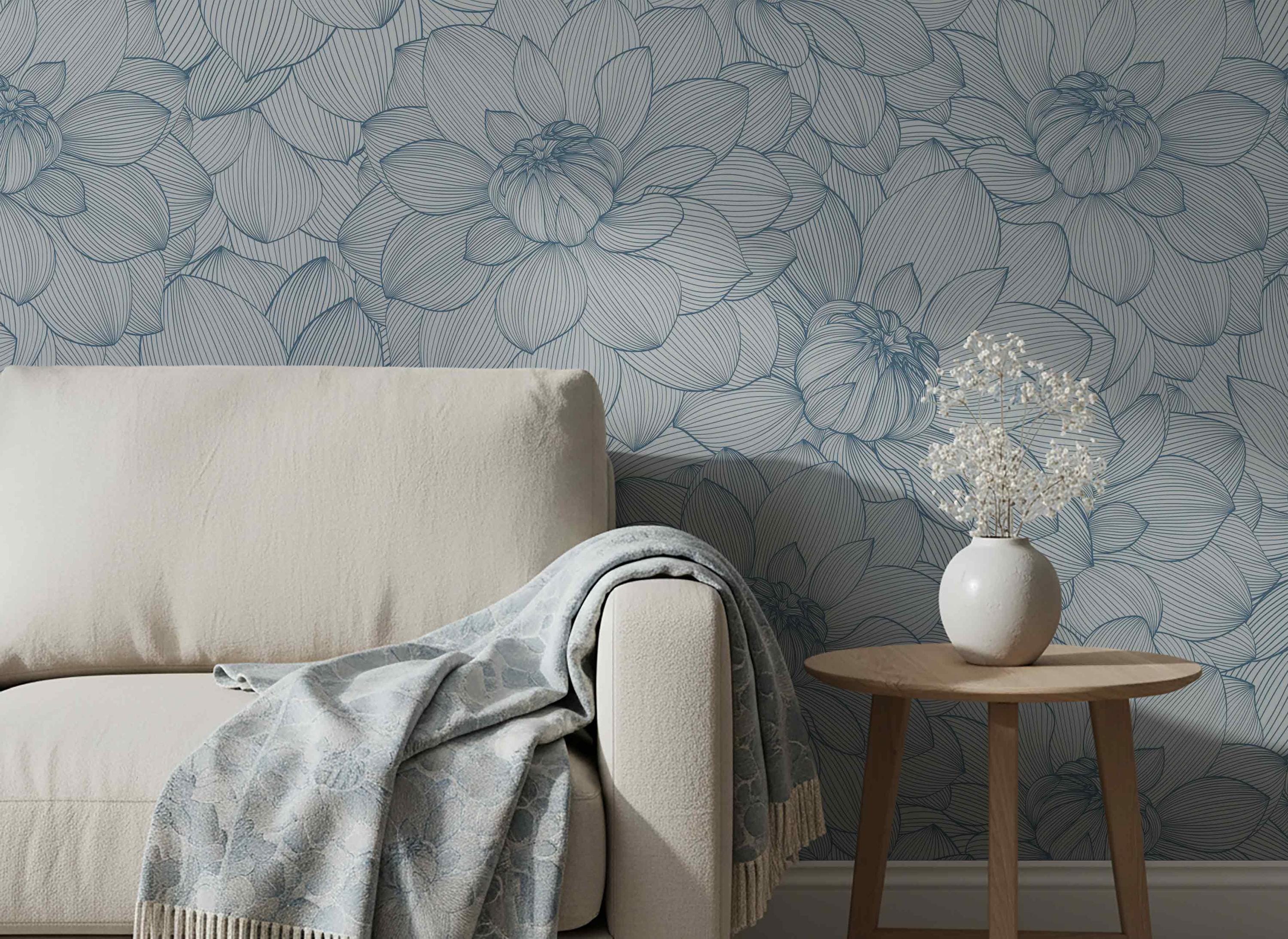 Blue Lotus Line Art Wallpaper, Peel and Stick or Traditional - Etsy