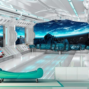 Foto di fantascienza, decorazioni di grandi dimensioni, carta da parati rimovibile, astronave futuristica, interni di astronavi fantastiche, carta da parati autoadesiva di grandi dimensioni