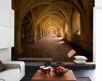 Muurschildering oud kasteel voor woonkamer Binnenkant kasteel verwijderbaar behang Interieur van een oud kasteel Groot zelfklevend behang