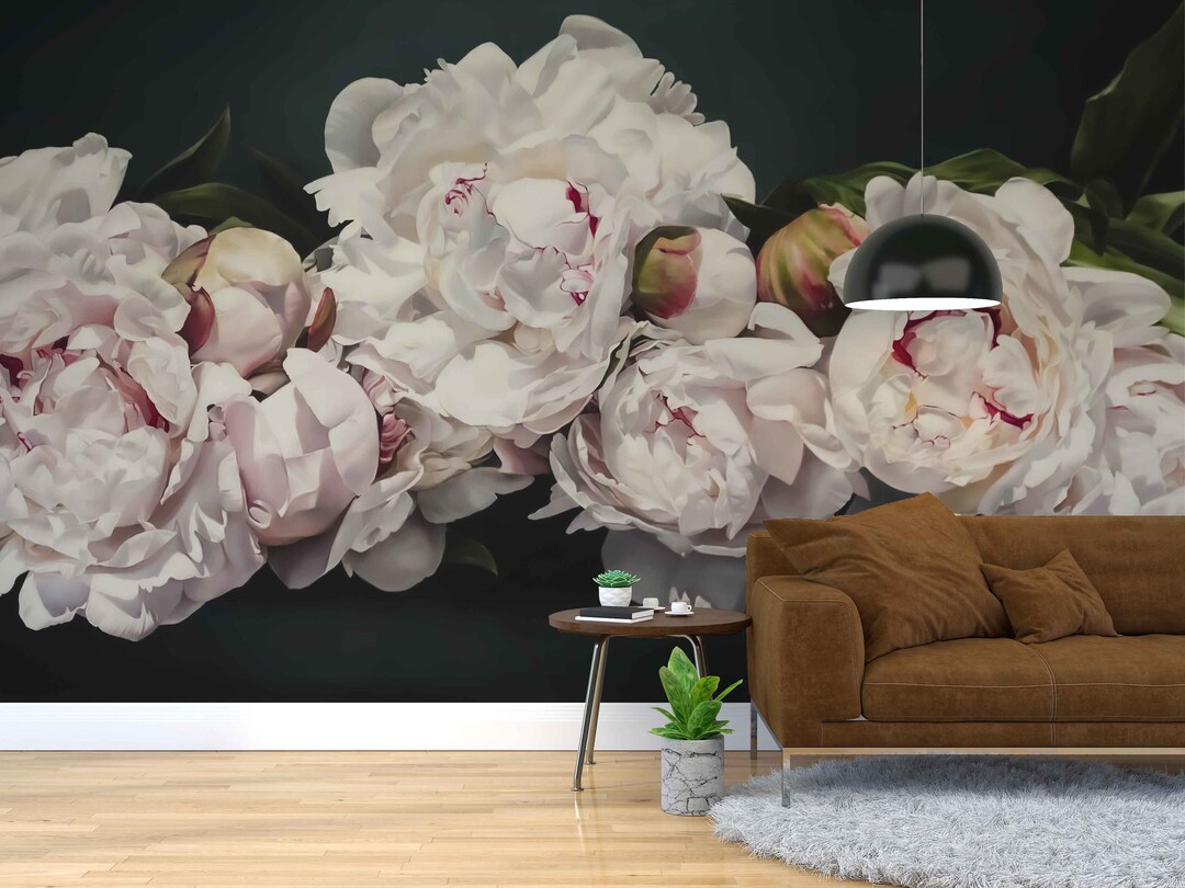 Vintage Peony Flower Wall Mural Removable Soft Peony Wallpaper Dark ...