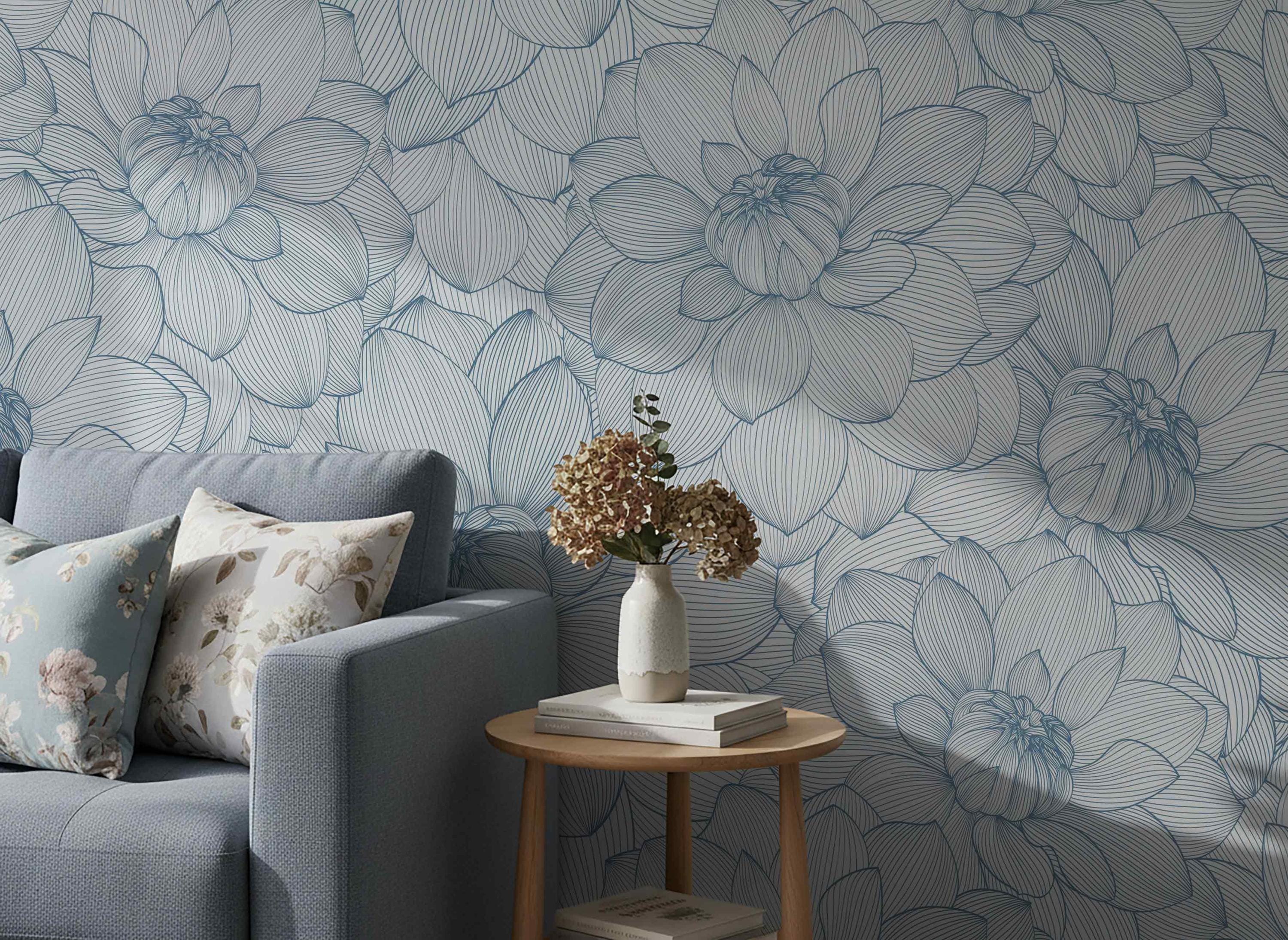 Blue Lotus Line Art Wallpaper, Peel and Stick or Traditional - Etsy