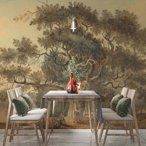 Carta da parati murale vintage con quercia, grande stampa artistica di alberi, paesaggio boschivo antico, natura classica, carta da parati normale o rimovibile, arredamento rustico vintage