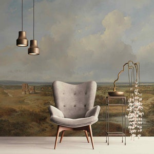 Vintage Clouds landscape wall murall, Andreas Schelfhout - Gezicht op Haarlem Valley, blue sky View wallpaper Rustic Panoramic nature mural