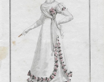 May include: An illustration from 1821 titled "Costume Parisien" depicts a woman in a white gown adorned with pink roses. The dress features a high waist, long sleeves, and a floral garland. The woman's hair is styled with flowers and she wears a necklace.