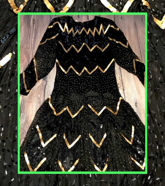 vtg chevron dress//black & gold