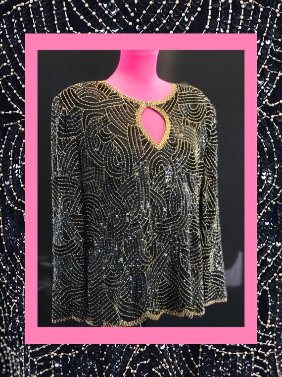 blk & gold vtg top//fully beaded