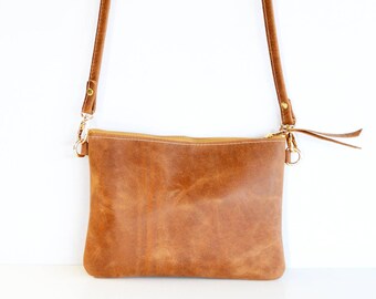 Tan Leather Crossbody Bag Small Leather Purse Minimalist Bag Modern Leather Wristlet Clutch Bag Crossbody Leather Handbag Gift Bag - Toffee