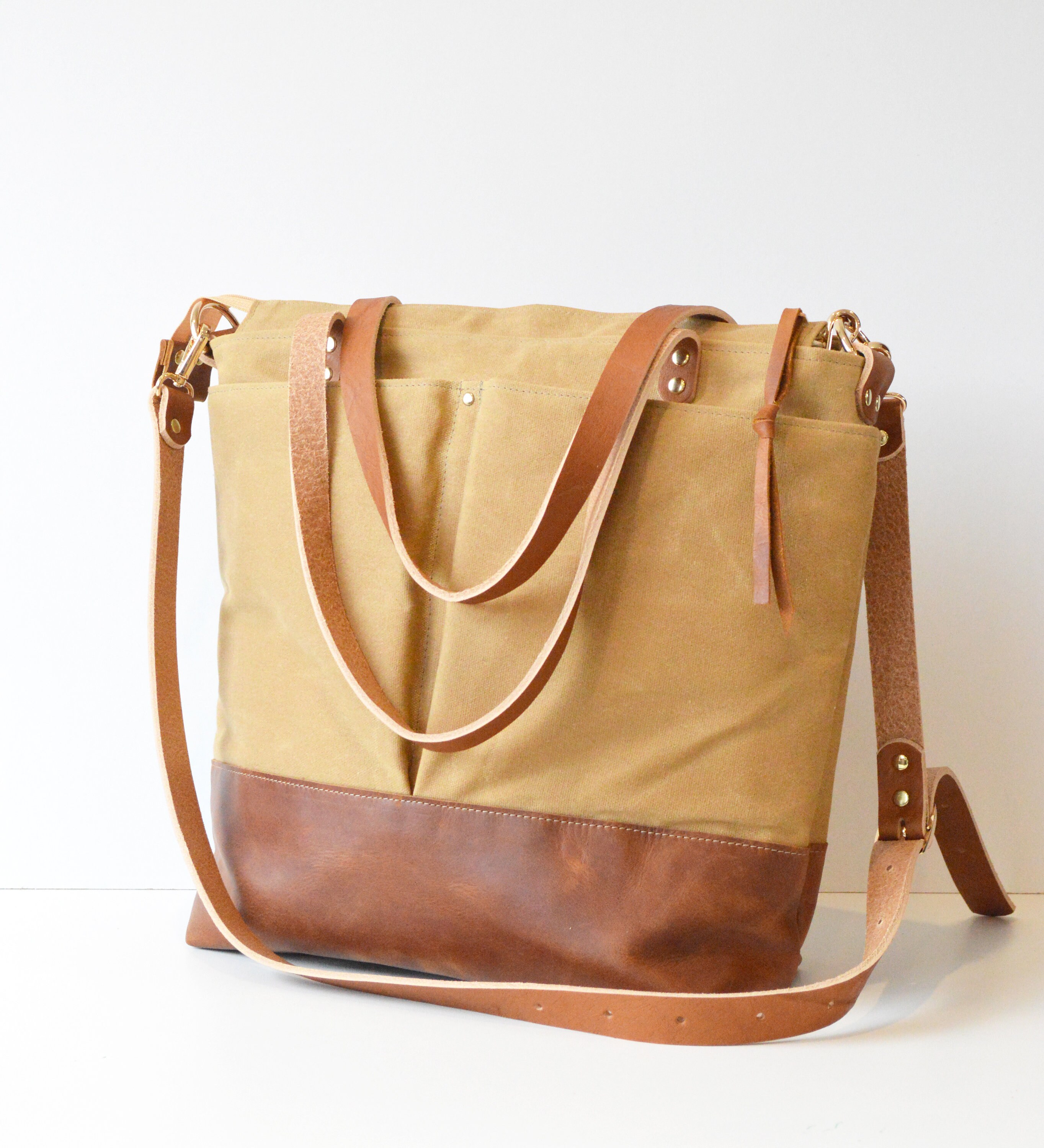 Tan Waxed Canvas Leather Work Bag Leather Tote Convertible Etsy