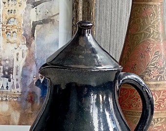 Vintage Mini black ceramic cream jug with lid Individual small creamer