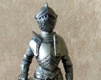 Vintage medieval knight in armor with a sword on marble stand Figurine from Italy unique gift