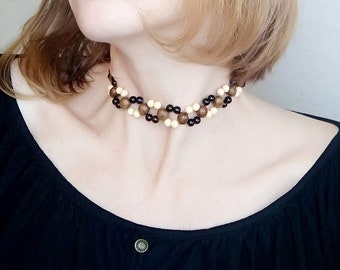 Beaded choker women's jewelry boho style 80s vintage brown wood beads elegant necklace original gift