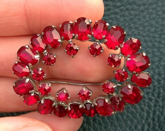 Vintage crystal brooch oval Ruby Red Silver tone Art deco Womens old jewelry 60s