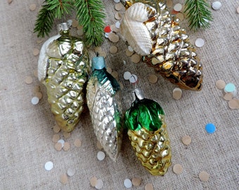 Décorations de Noël vintage Pommes de pin Ornements en verre Lot de 4 jouets en verre Noël soviétique