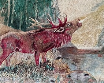 Vintage hand embroidered picture of a moose on the river Nature-themed painting wall decor
