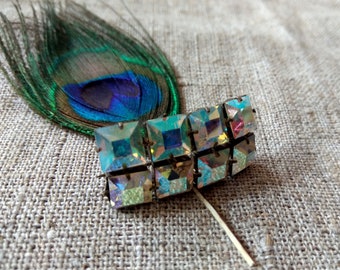 Iridescent Czech glass Vintage women's brooch with square crystals Aurora borealis pin 50s Rainbow crystal brooch