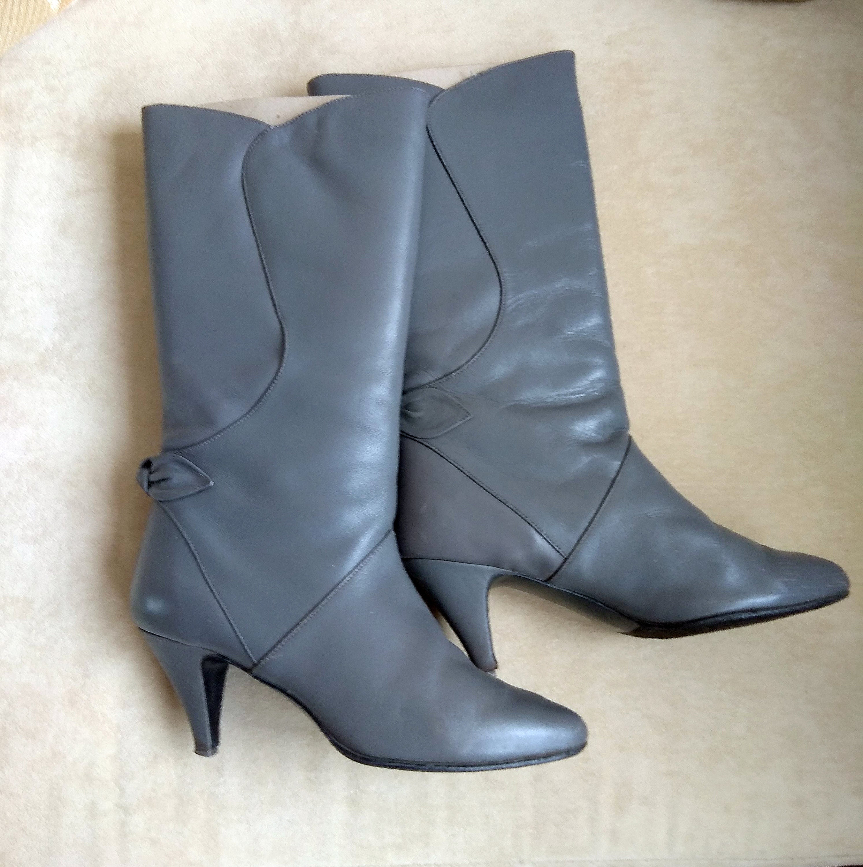 Grey Vintage Knee Boots Shoes Leather Women Heels Replay Size