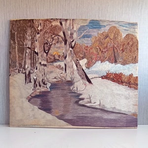 Vintage hand embroidered painting of winter landscape Wall decor 40s image 5