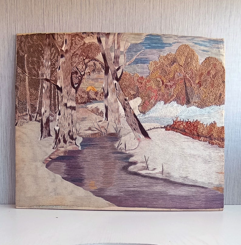 Vintage hand embroidered painting of winter landscape Wall decor 40s image 5