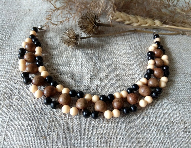 Beaded choker women's jewelry boho style 80s vintage brown wood beads elegant necklace original gift image 2