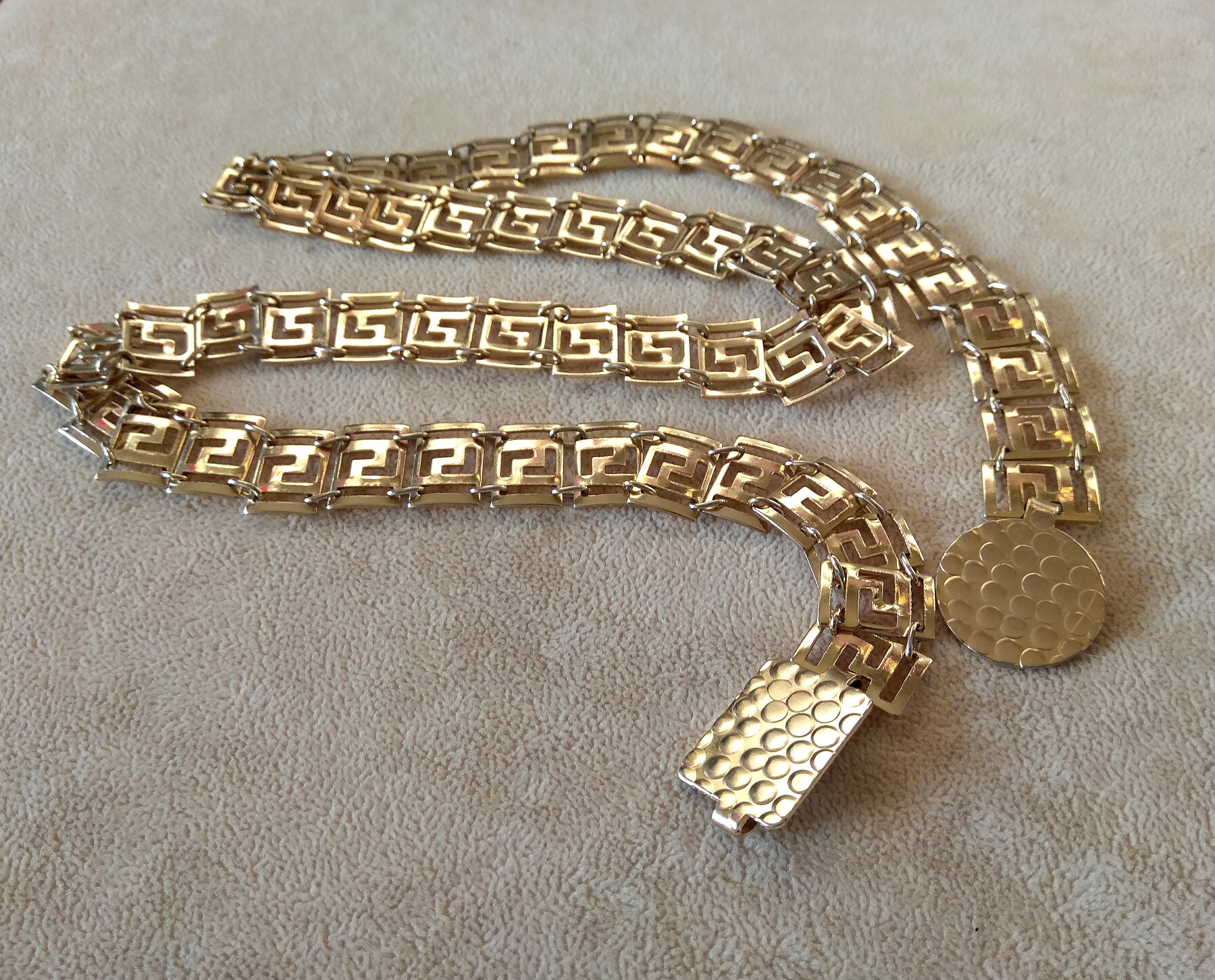 Vintage 80s Greek Key Chain Belt Gold Tone Meander Link Belt 